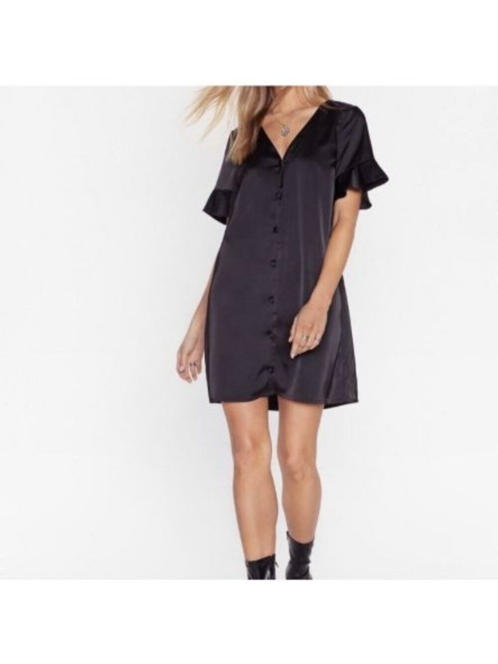 Nasty Gal Collection Late Registration Black Satin Mini Dress Sz 6 Ruffle Button